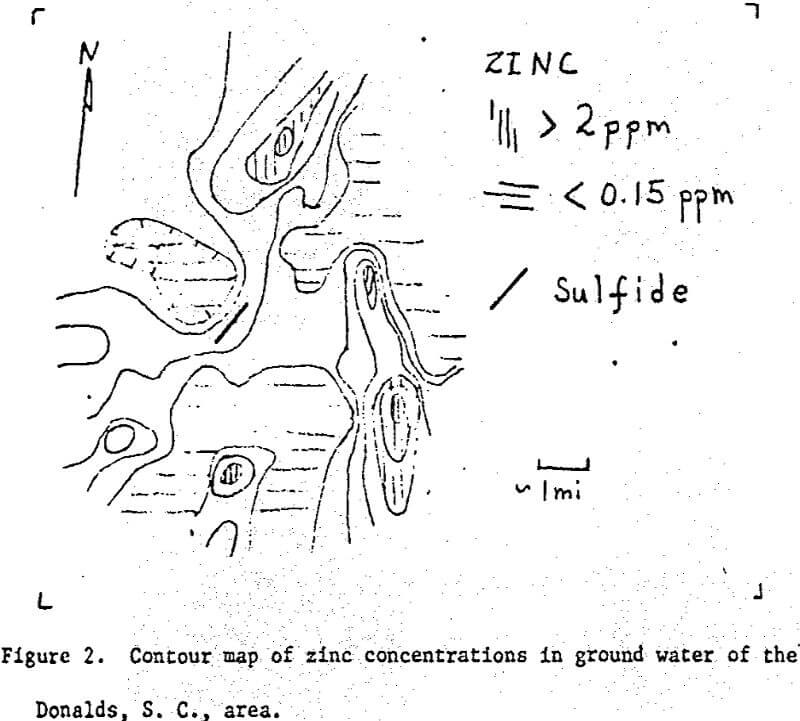 hydrogeochemical-prospecting contour map of zinc concentrations